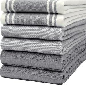 Premium Kitchen Towels (20”x 28”, 6 Pack) | Large Kitchen Hand Towels | Kitchen Towels Cotton | Flat & Terry Towel | Highly Absorbent Tea Towels Set with Hanging Loop | Wide Stripe Grey