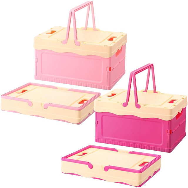 Acellegic 2 Pcs Pink,Hot Pink Pastel Plastic Storage Bin with Lid and Handle Cute Collapsible Storage Crates Foldable Plastic Baskets Stackable Bins for Home Kitchen Office Bathroom Picnic