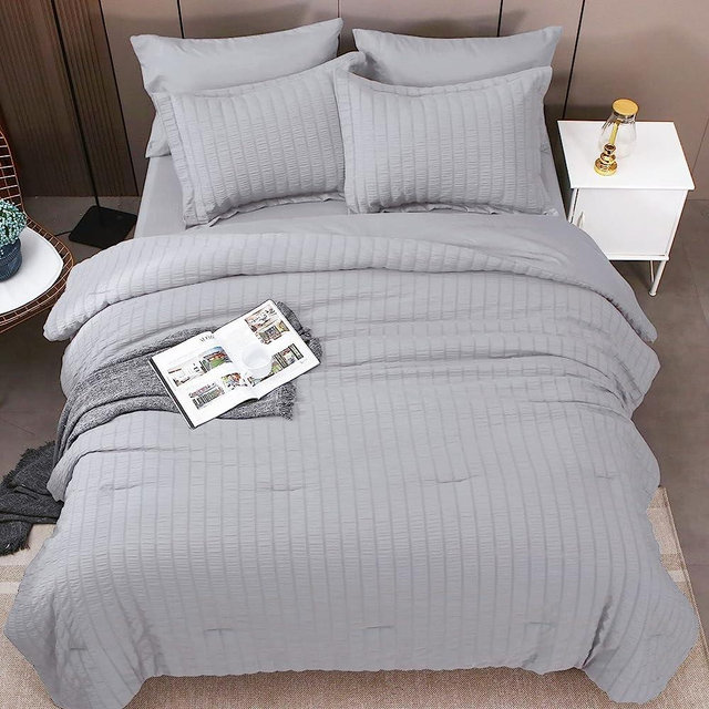 HYMOKEGE Light Grey Full Size Comforter Sets Seersucker 8 Pieces, All Season Luxury Bed in a Bag for Bedroom, Bedding Set with Comforters, Sheets & Skirt, Pillowcases & Shams