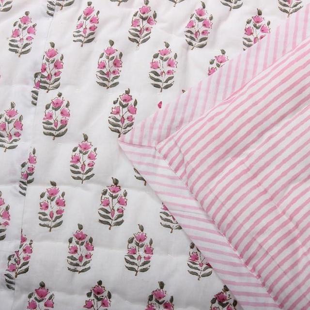 Ridhi Block Print Quilted Punch Pink Throw Blanket 100% Cotton Quilt,Cover for Couch and Bed, Sage Lap Bedding Coverlet, Luxury Oversized Quilted Throw King 96" X 106"