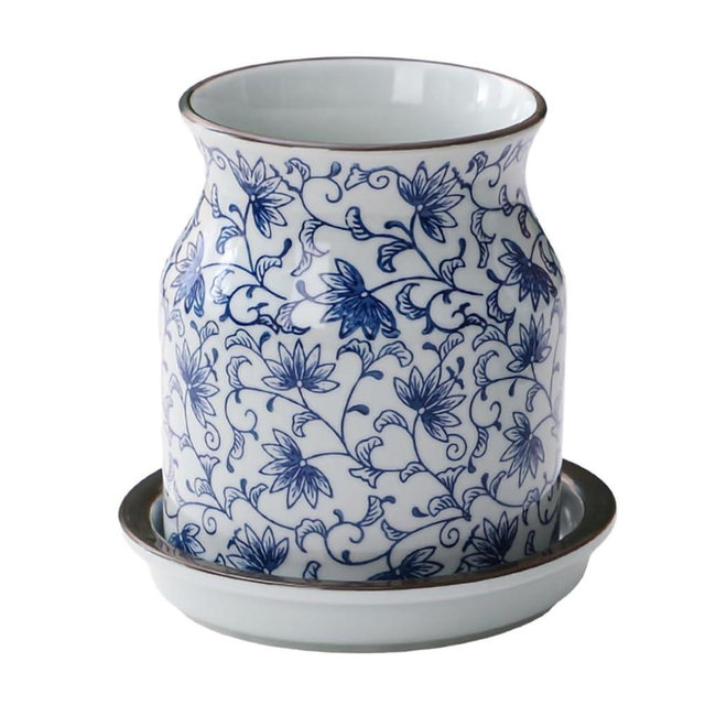 WAIT FLY Blue and White Porcelain Kitchen Utensil Holder with Bottom Flatware Storage Organizer Utensil Crock for Countertop Kitchen Counter Decor-5.5 Inch