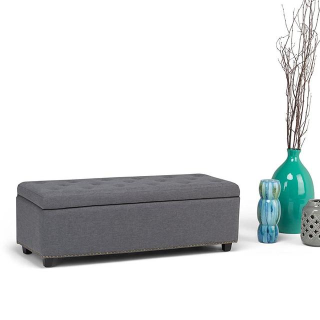 SIMPLIHOME Hamilton 48 inch Wide Rectangle Lift Top Storage Ottoman in Upholstered Slate Grey Tufted Linen Look Fabric with Large Storage Space for the Living Room, Entryway, Bedroom, Traditional