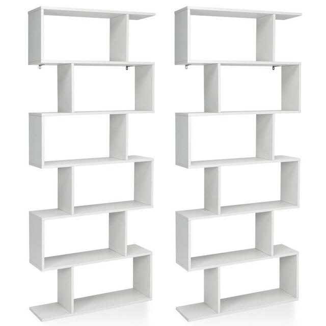 Costway 2 PCS 6 Tier S-Shaped Bookshelf Storage Display Bookcase Z-Shelf White