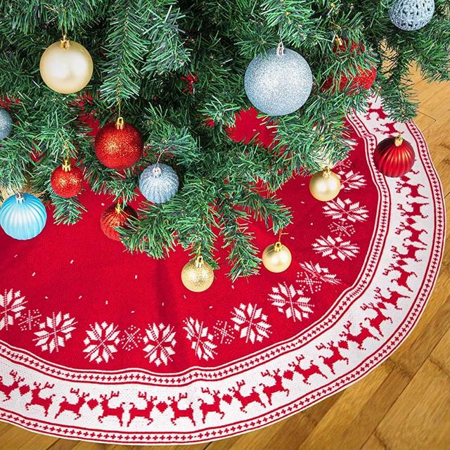 SEKKVY Christmas Tree Skirt, 48 Inch Large Rustic Christmas Tree Mat with Snowflake Reindeer Red Knitted Xmas Tree Skirts for Christmas New Year Home Party Decorations