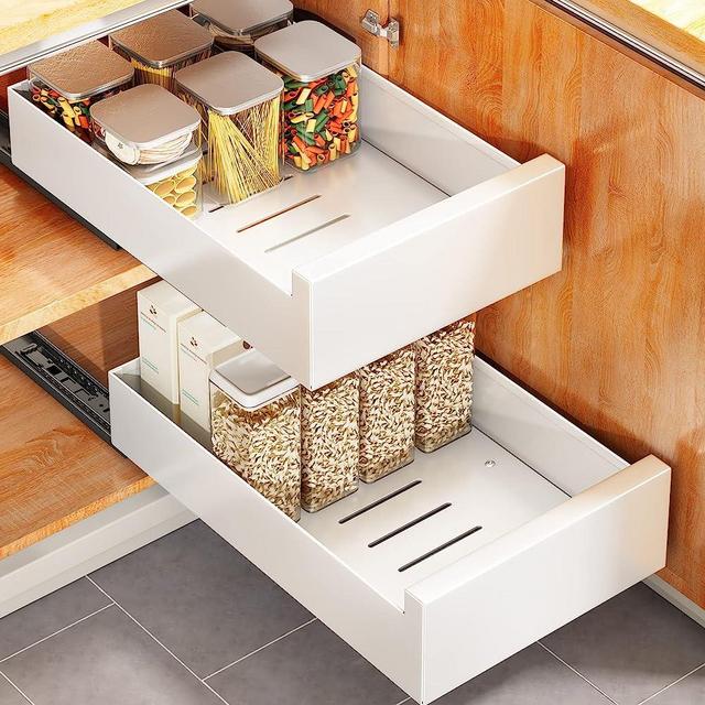 Pull Out Cabinet Organizer Fixed With Adhesive Nano Film,Heavy Duty Storage and Organization Slide Out Pantry Shelves Sliding Drawer Pantry Shelf for Kitchen 16.9"D x 11.8"W x 3.1"H