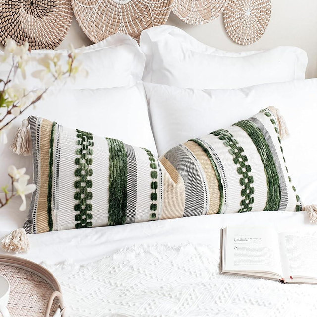 PANOD Boho Long Lumbar Throw Pillow Cover 14 x 36 Dark Green, Chenille Morocan Extra Long Pillow Case Cover, Decorative Long Pillow for Bed Couch Sofa Farmhouse