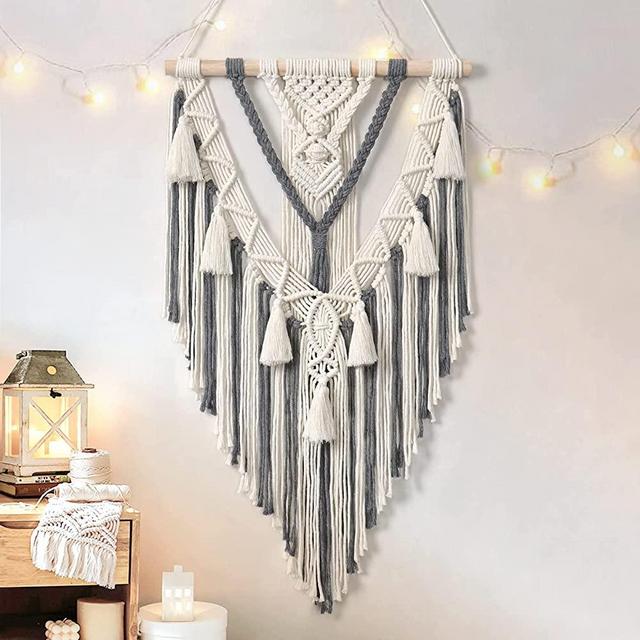Dremisland Macrame Woven Wall Hanging Boho Geometric Woven Tapestry Beige & Grey Cotton Handmade Bohemian Art Decor with Tassel Craft Ornament for Bedroom Living Room Apartment Nursery (Grey)