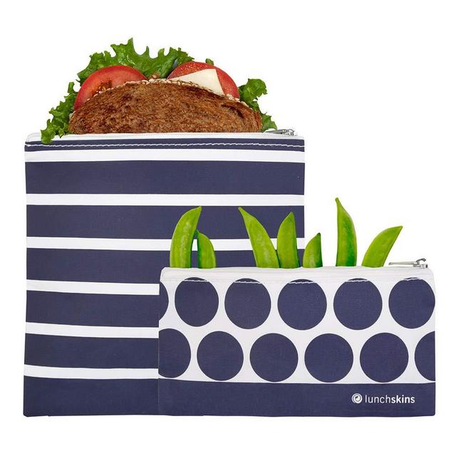 Lunchskins Reusable Zippered 2-Pack Set, Food, Storage Bags, 1 Sandwich + 1 Snack, Navy Stripe