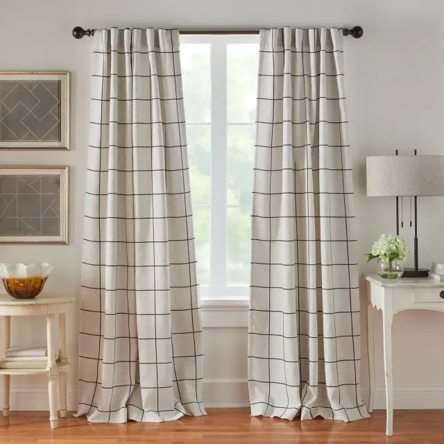 Brighton Windowpane Plaid Lined Room Darkening Single Window Curtain Panel - 52" x 95" - Black - Elrene Home Fashions