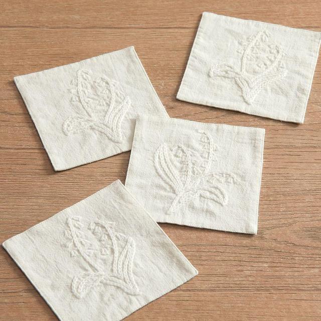 Monique Lhuillier Lily of the Valley Embroidered Cotton/Linen Cocktail Coasters, Set of 4