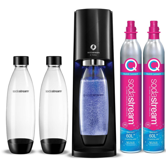 SodaStream E-Terra Bundle with Extra Gas Cylinder and Carbonating Bottles Black