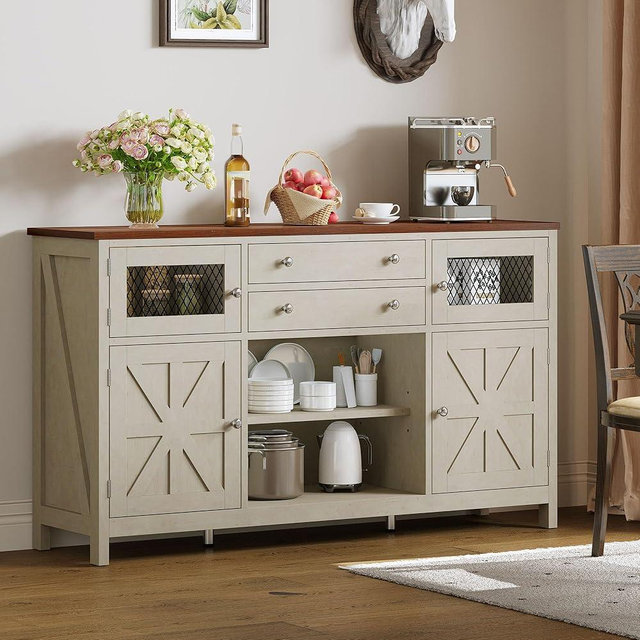 DWVO Farmhouse Buffet Cabinet with Storage, 59" Kitchen Coffee Bar Cabinet, 2 Large Drawers, Visual Grid Door, Storage Shelves for Kitchen & Living Room, Antique White