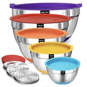 Umite Chef Mixing Bowls with Airtight Lids Set, 8PCS Stainless Steel Nesting Bowls Set, 3 Grater Attachments & Non-Slip Bottoms, Size 5, 4, 3.5, 2, 1.5QT for Baking & Mixing(Colorful)