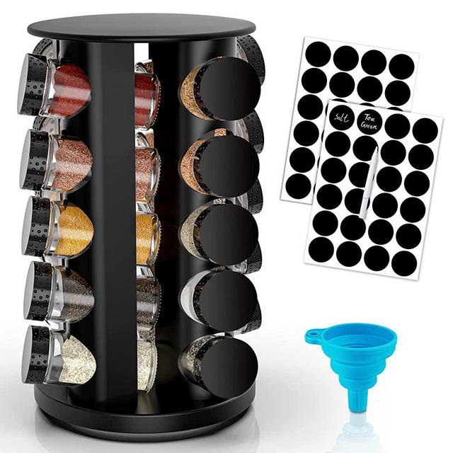 dasaka Black Rotating Spice Rack Organizer with Jars(20Pcs), Seasoning Organizer for Cabinet, Kitchen Spice Racks for Countertop, Revolving Stainless Steel Spice Organizer