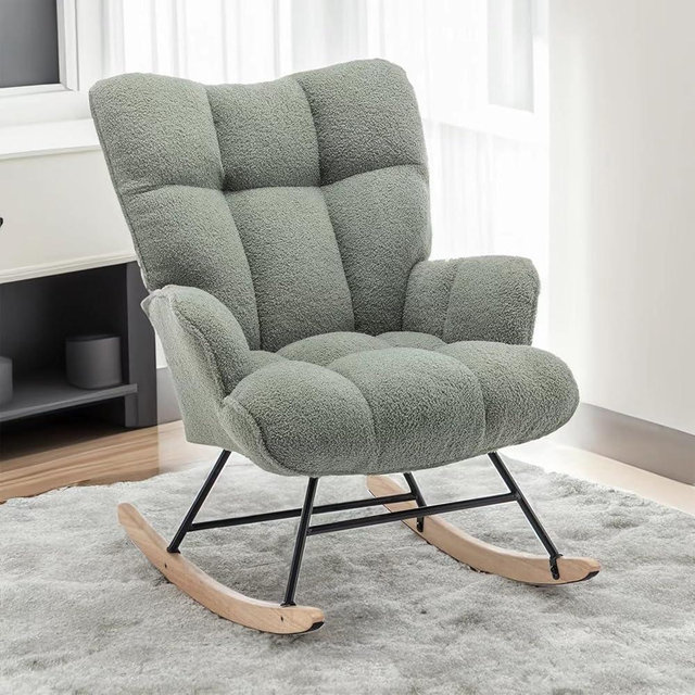 SAETSFEG Rocking Chair Nursery Teddy, Upholstered Baby Fluffy Glider Rocker for Adults Small Spaces Indoor, Comfy Sherpa Compact Nursing Chairs for Living Room, Bedroom, Classroom, Green