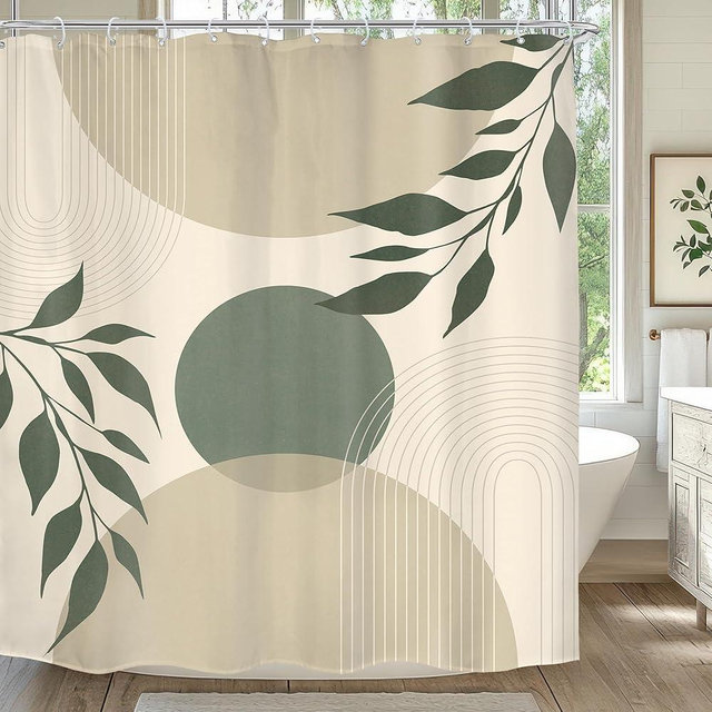Mitpok Sage Green Boho Shower Curtain Mid Century Modern Abstract Minimalist Leaves Beige Arch Geometric Plant 60Wx72H Bathroom Decor Neutral Bath Curtain Fabric Polyester 12 Pack Hooks