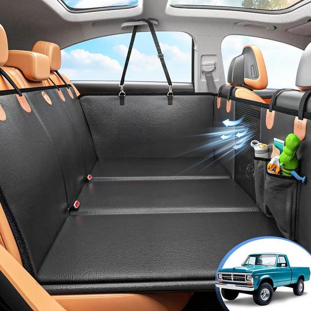 MYJAQI Back Seat Extender for Dogs, Hard Bottom Dog Car Seat Cover for Truck Back Seat, Dog Hammock for Car, Upgraded PU Leather Material, Larger Space, Holds 400lbs