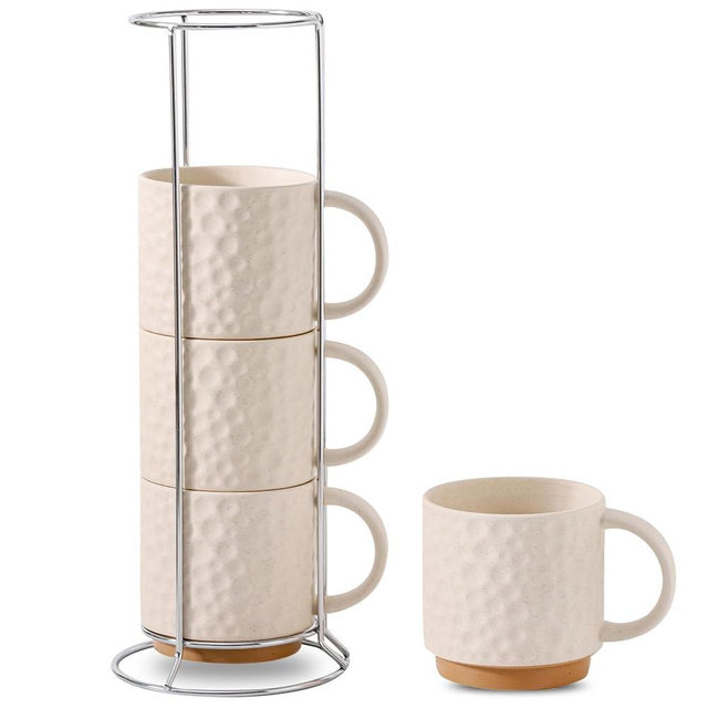 Nihow Ceramic Coffee Mug Set of 4, 16OZ Stackable Coffee Mug Set with Stainless Stand,Large Cup Set for Cappuccino,Tea,Hot/Cold Drinks,Dishwasher & Microwave Safe,Matte White