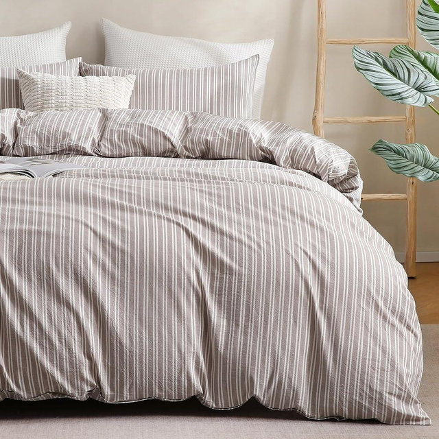 ATsense Brown and White Striped Duvet Cover King 100% Washed Cotton Linen Like 3 PCS Super Soft Comfortable and Breathable Duvet Cover Set with Zipper Closure (King 104"x90", Brown and White Striped)