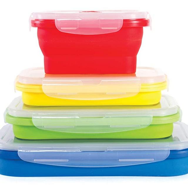 Thin Bins Collapsible Containers – Set of 4 Rectangle Silicone Food Storage Containers – BPA Free, Microwave, Dishwasher and Freezer Safe - No more cluttered container cabinet!