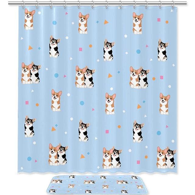 Welsh Corgi Shower Curtain Set with Rug Waterproof Bathroom Decor Sets Shower Curtain with Hooks