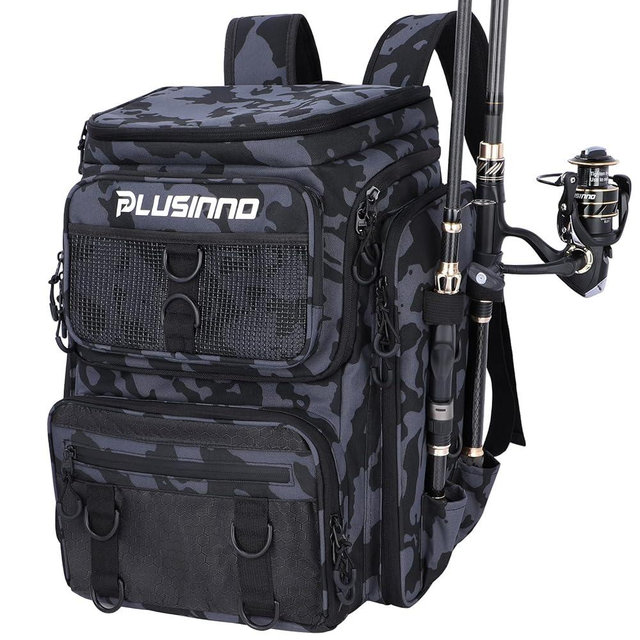 PLUSINNO Fishing Backpack with Rod Holders, 42L Large Water-resistant Fishing Tackle Bag Store Fishing Gear for Fishing, Camping, Hiking, Fishing Gifts for Men Father, Black Camo