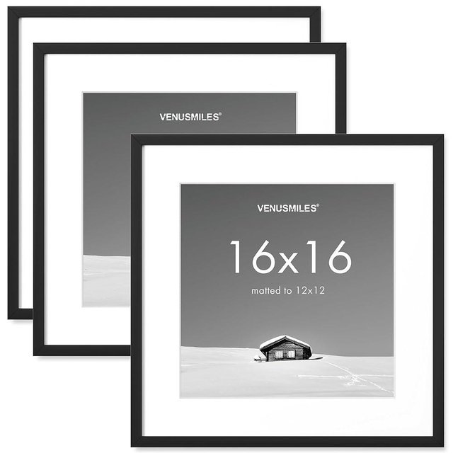 Venusmiles 16x16 inch Picture Frame, 16x16 Photo Frames with 12x12 Removable Mat - High Definition Plexiglass - Vertical and Horizontal Display - Wall Hanging Frame - Black, 3 Pack