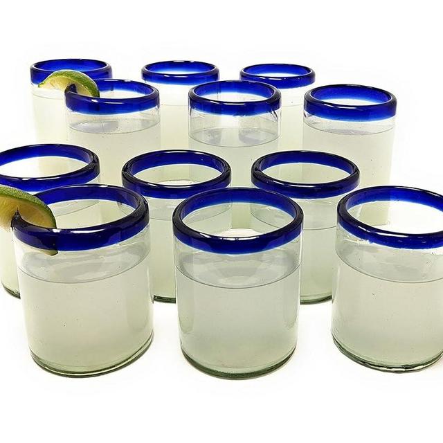 Dos Sueños Mexican Hand Blown Glass Drinkware Set - 6 Drinking Glasses (14oz) and 6 Tumbler Glasses (10oz) – Cobalt Blue Rim