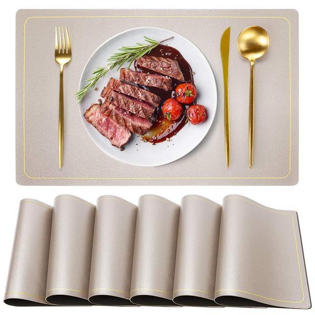 Faux Leather Placemats for Dining Table, Wipeable Washable Waterproof Placemats, Champagne Indoor Outdoor Table Mats Set of 6, Rectangle Easy Clean Placemats, Summer Home Kitchen Place Mats by WEHVKEI