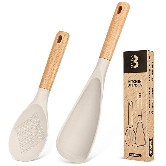 Cooking Spoon and Rice Scooper for Nonstick Cookwares, Great for Cooking and Serving Durable BPA-Free Matte Silicone, Wood Handle Spoon for Mixing, Scoop, and Scrape (Khaki)