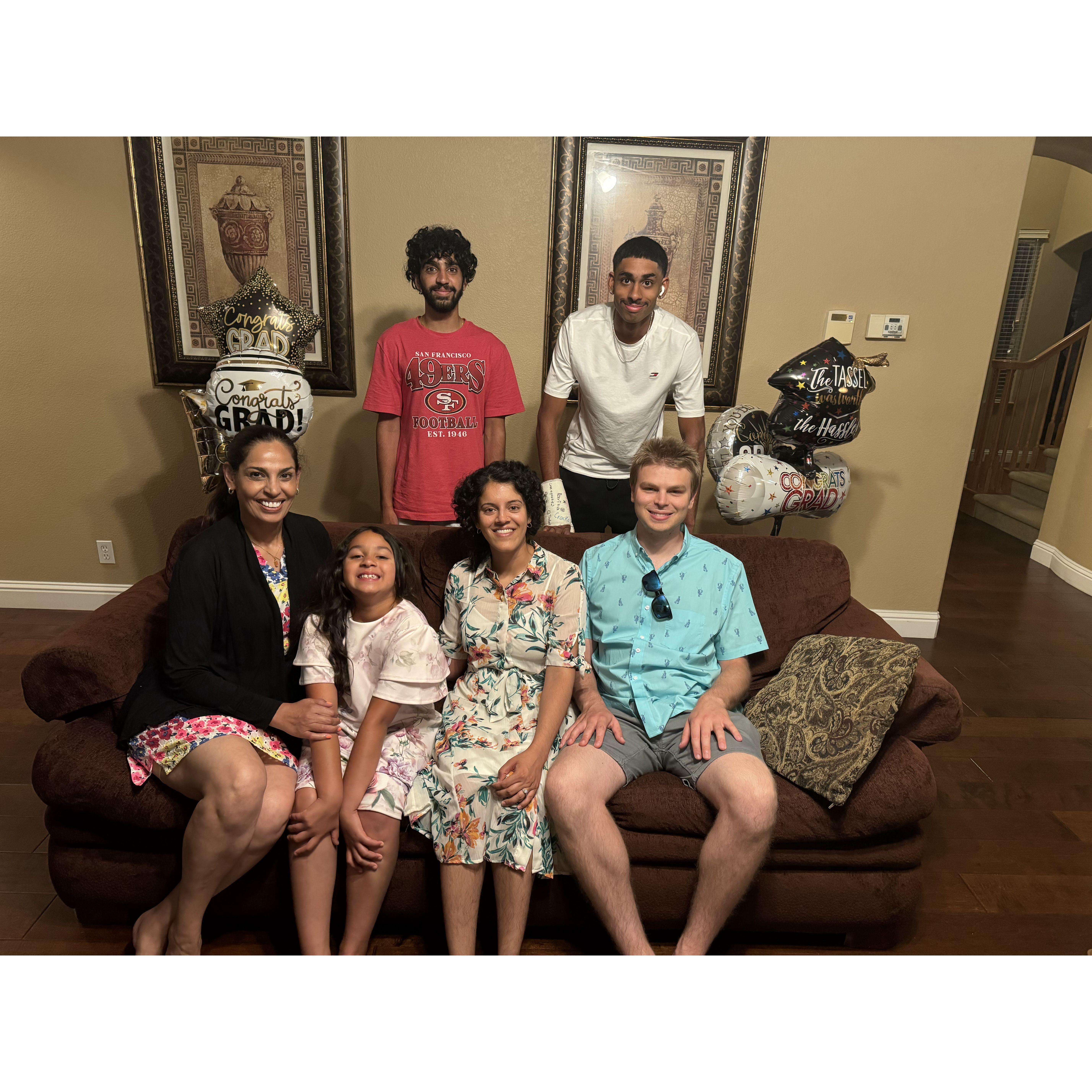 Kiran's mom's cousin Neelam, and her kids Raveena and Arun (both in white) came over for Kiran's brother Arjun's high school grad party.