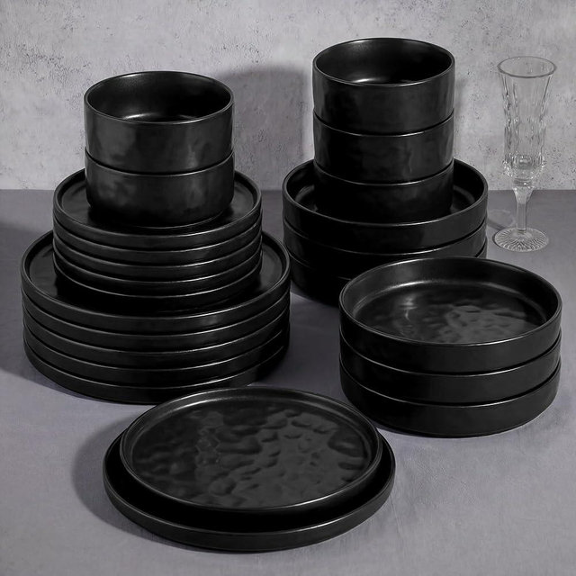 E-far 24-Piece Black Plates and Bowls Sets with Pasta Bowls - Stoneware Dinnerware Set for 6, Modern Ribbed Matte Black Kitchen Dishes, Microwave & Dishwasher Safe