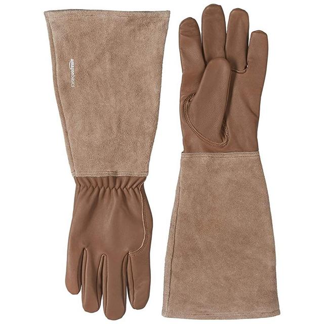 Amazon Basics Leather Gardening Gloves with Forearm Protection - Brown, S