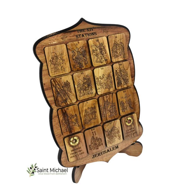 Jerusalem Olive Wood Stations of The Cross Icon with Images Engraved by Laser in Plaque