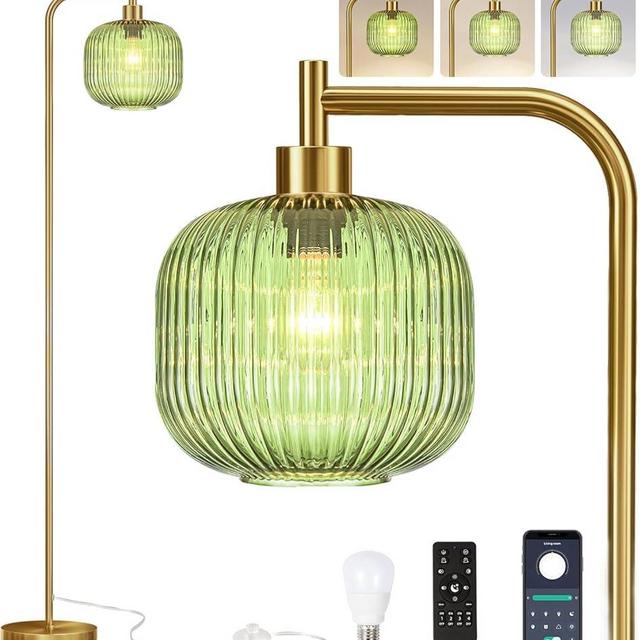 QIYIZM Glass Floor Lamp for Living Room,Bedroom,Gold Dimmable Standing Lamp with Remote,Mid Century Modern Brass Boho Tall Lamp Vintage Retro Floor Lamps Green Industria Floor Light Lamp Bohemian