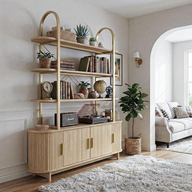 Gyfimoie Arched Cabinet & Mid Century Modern Bookshelf with Sliding Tambour Doors, Tall Wood Bookcase with Hidden Storage, Freestanding Display Shelf Organizer for Living Room, Home Office