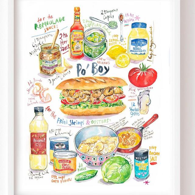 Louisiana Po'Boy recipe art print, Kitchen wall art, New Orleans food artwork, Watercolor painting, Sandwich poster, Cajun cuisine decor