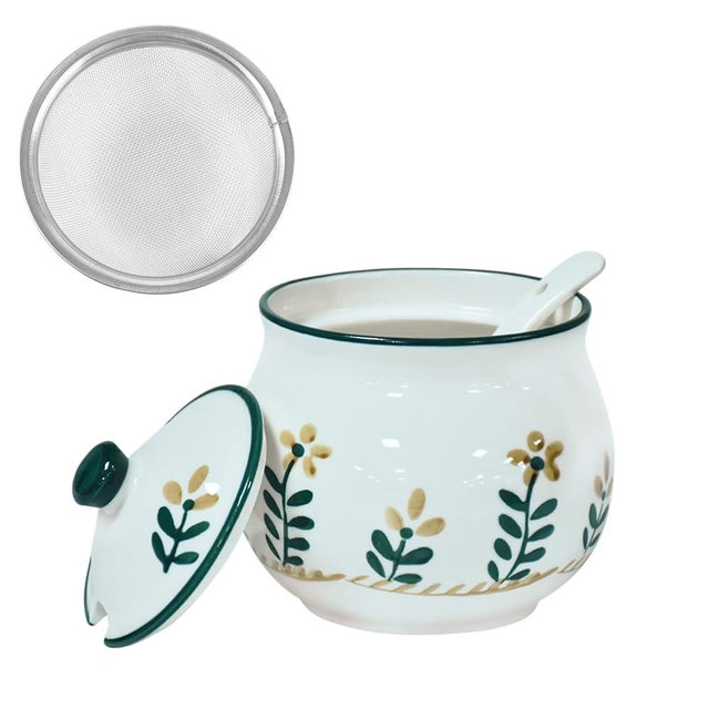 Koythin Ceramic Bacon Grease Container with Strainer, 23 oz Suitable for Storing Frying Oil and Cooking Grease (Floret)
