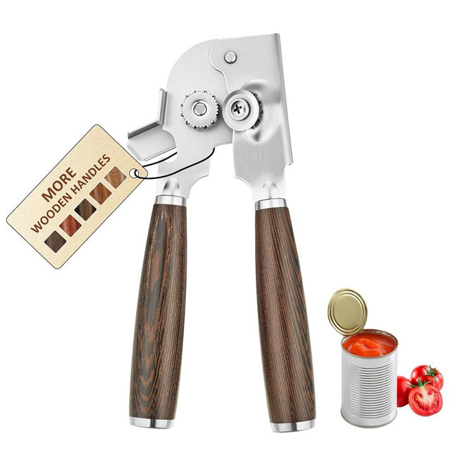 LUNERKU Portable Kitchen Manual Can Opener and Bottle Openers,Soft Ergonomic Solid Wood Handle,Heavy Duty Stainless Steel Sharp Blade with Large Turn Knob Easy to Open for Seniors(Black Walnut)