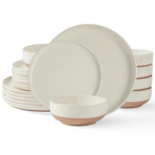 AmorArc Ceramic Dinnerware Sets for 6, 18 Pieces Handpainted Plates and Bowls Set with Rustic Terracptta Underside, Scratch Resistant Stoneware Dishes Set, Dishwasher & Microwave Safe, Light Beige