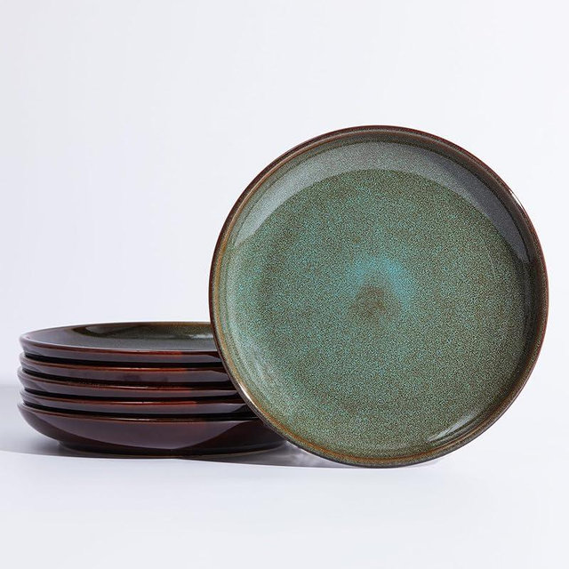 Pokini Ceramic Salad Plates Set of 6, 8.0 Inch Reactive Glaze Dish Set, Small Dinner Plate for Dessert, Salad, Appetizer, Microwave & Dishwasher Safe, Scratch Resistant-Brown and Green