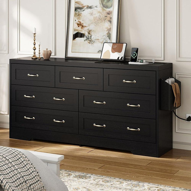DWVO Farmhouse 7 Drawer Dresser for Bedroom, 60 Inch Large Modern Dresser TV Stand with Drawers & Bar Handles, Storage Dressers with Power Outlets, Rustic Wood Chest of Drawers, Black Upgraged