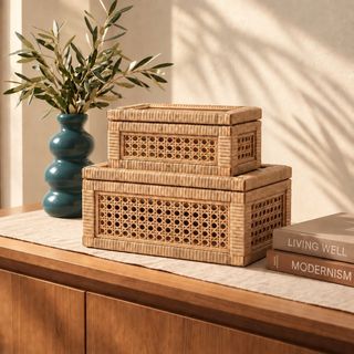 Woven Wood & Rattan Display Box with Glass Lid, Set of 2