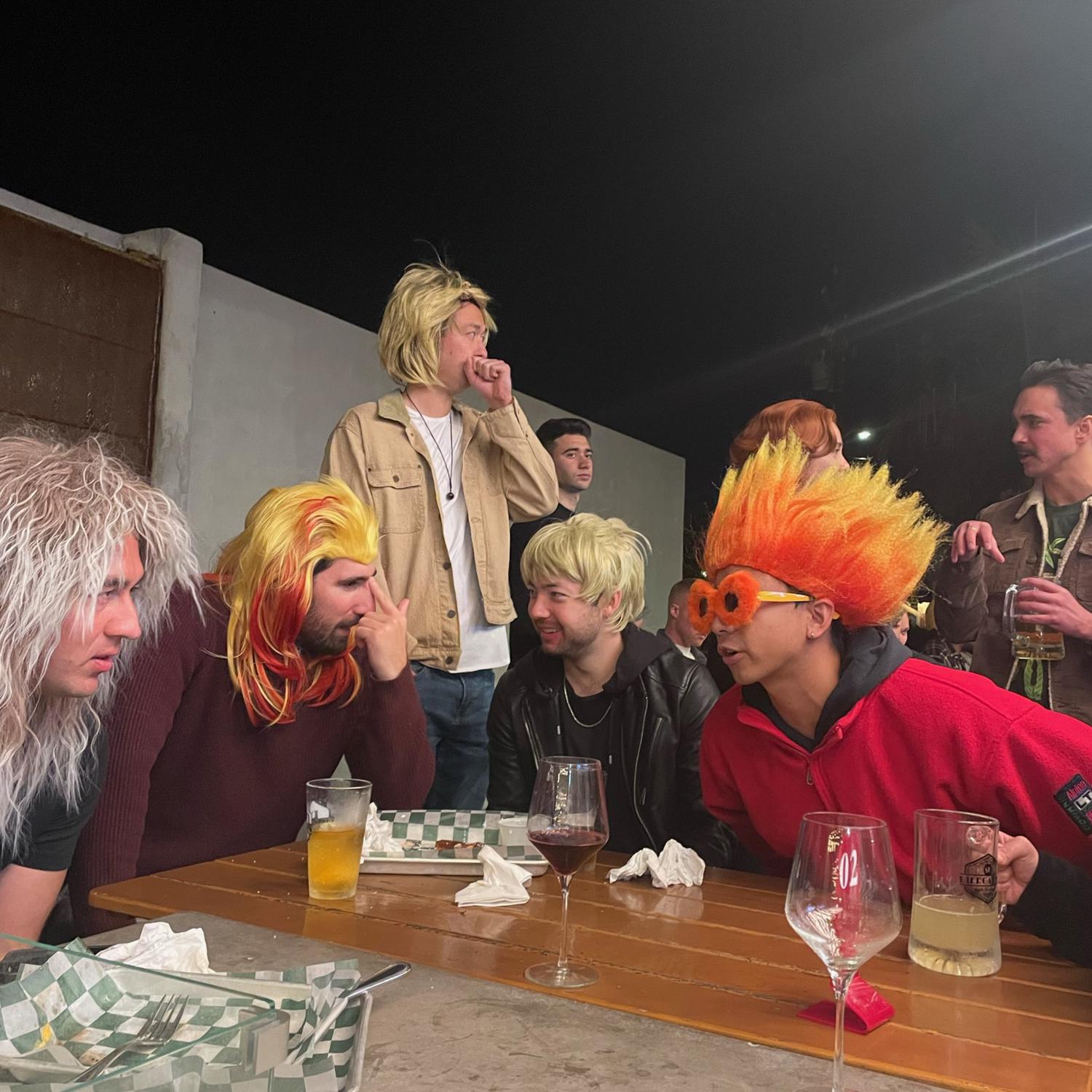 Sometimes Eugene’s friends wear wigs.