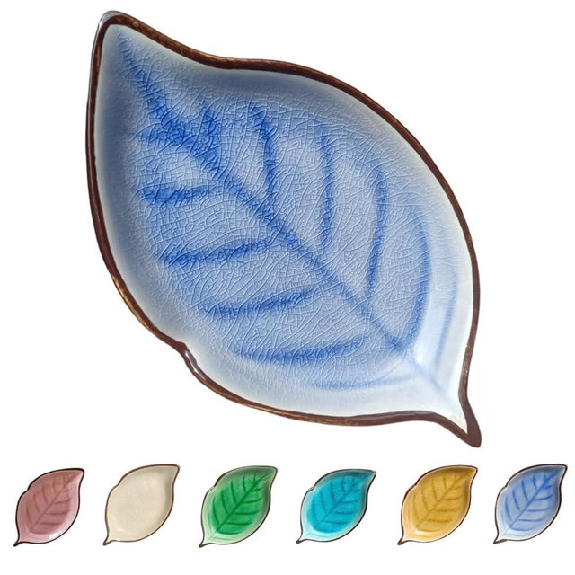 Ceramic Spoon Rest for Stove Top, Ice Cracks Leaf Cute Spoon Rest for Kitchen Counter, Cooking Spoon Holder for Kitchen Counter, Utensil Rest Spatula Rest Ladle Holder Tong Rest, 1 PC (A, Sapphire)
