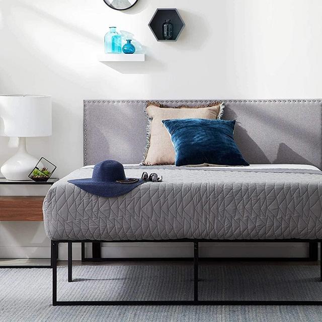 LUCID Upholstered Mid-Rise Headboard with Nailhead Trim Platform, Queen, Stone