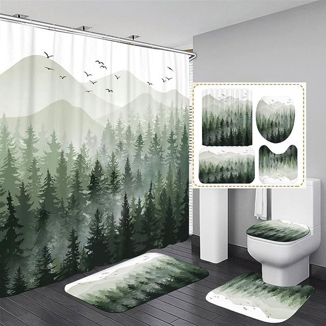 DDQQ 4Pcs Green Misty Forest Shower Curtain Sets with 12 Hooks, Non-Slip Rugs Toilet Lid Cover and Bath Mat for Bathroom Decor Sets, Nature Tree Mountain Shower Curtains for Bathroom