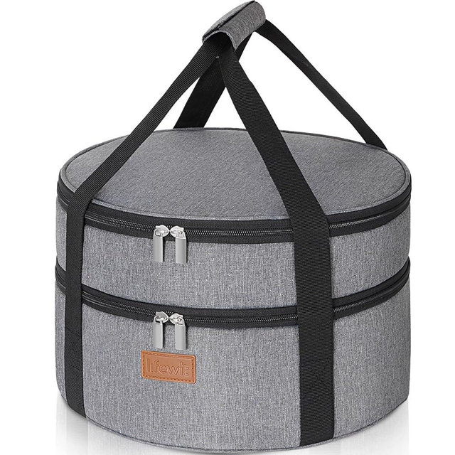 Lifewit Round Double Decker Insulated Casserole Carrier for Hot and Cold Food, Pie Carrier Bag, Cake Carrier Casserole Dish Carrying Case for Potluck Parties Picnic, Fits 12.5" Baking Dish, Gray