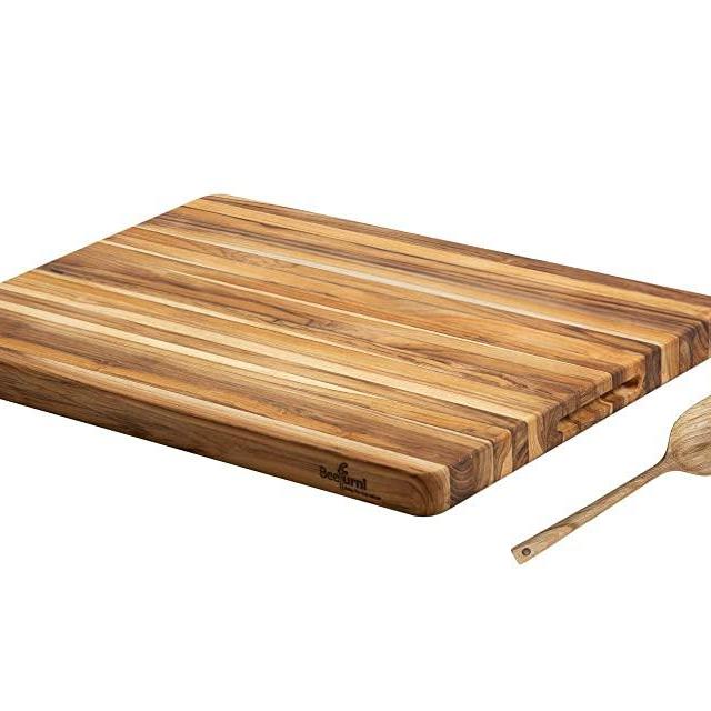 BEEFURNI Rectangular Real Teak Wood Durable Solid Hard Wooden Cutting Chopping Board Kitchen Accessories Cheese Cold Cuts Charcuterie Serving Tray Platter Thick Butcher Block Kitchenware, Medium