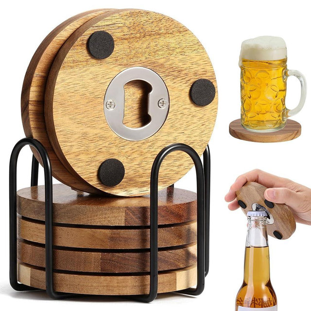 Yoption 6 Pcs Wood Coasters for Drinks with Bottle Opener and Holder, Acacia Wooden Cup Coaster with Non-Slip Pad for DIY Crafts, Coffee Table, Dining Table Home Christmas Decor, 4 Inches